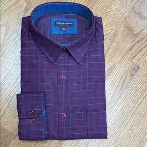 Johnston & Murphy Men's Burgundy and Blue Plaid Shirt